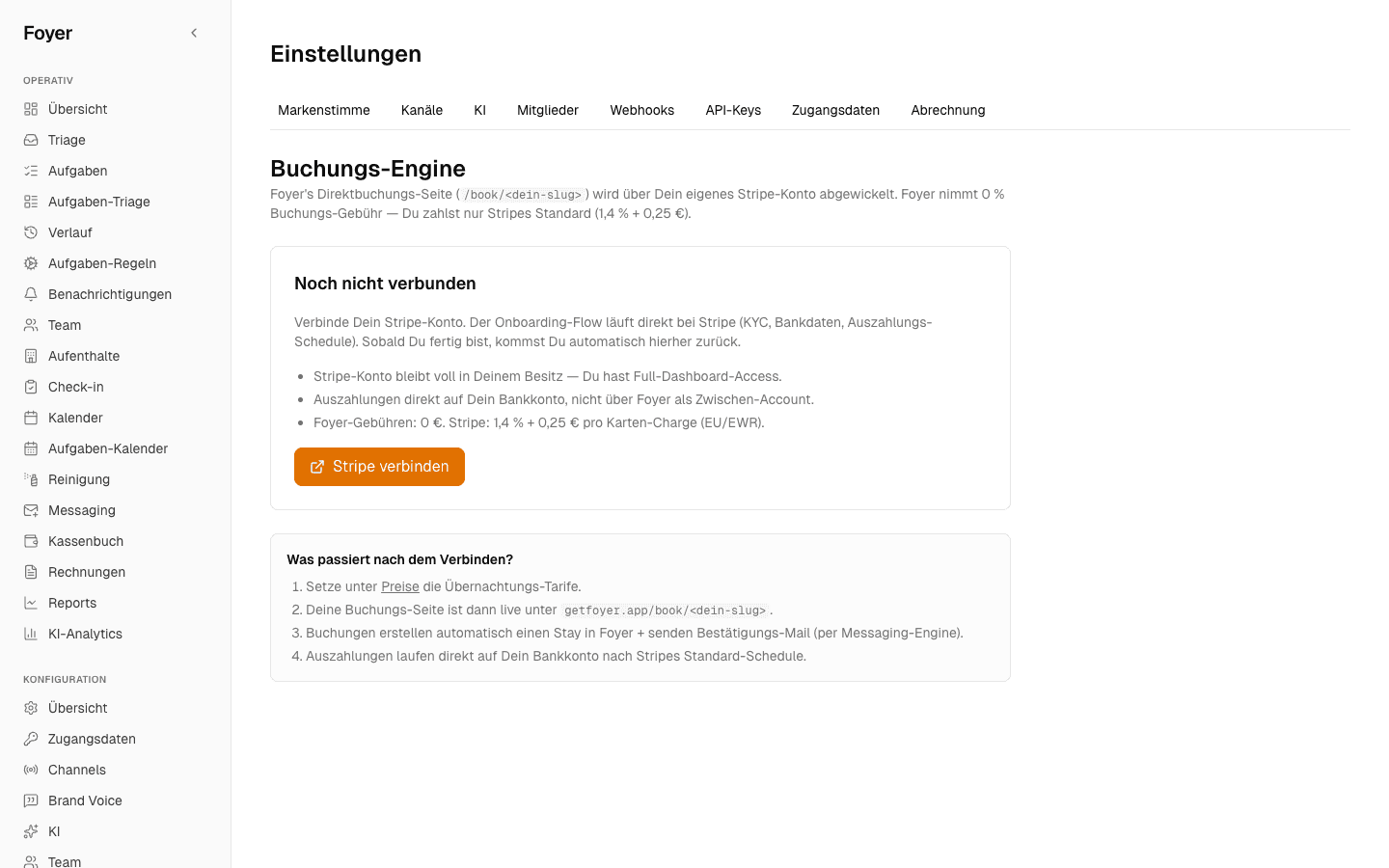 Foyer-Software: Einrichtung der Direkt-Buchungen über Stripe
